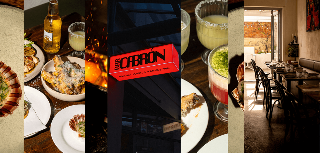 A collage featuring Mexican dishes, drinks, and a restaurant interior. The central image displays a red sign reading "Bars," surrounded by plates of various foods and beverages. A dining area with a cozy ambiance is shown on the right.